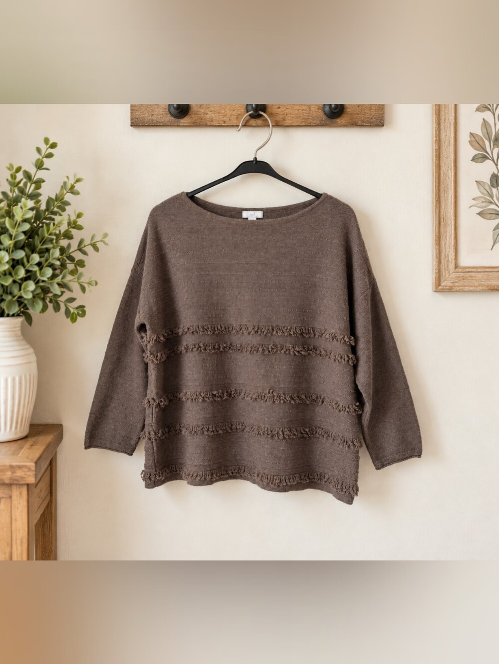 J. Jill Brown Fringe-Trimmed Knit Sweater Petite Small